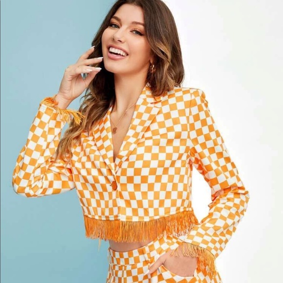 Checkered Print Fringe Trim Lapel Neck Blazer - Picture 1 of 4